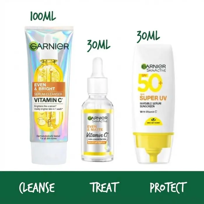 Garnier Brightening Day Routine Kit: Garnier Serum Wash 100ml + Vitamin C Day Serum 30ml + Super Uv Invisible Suncreen