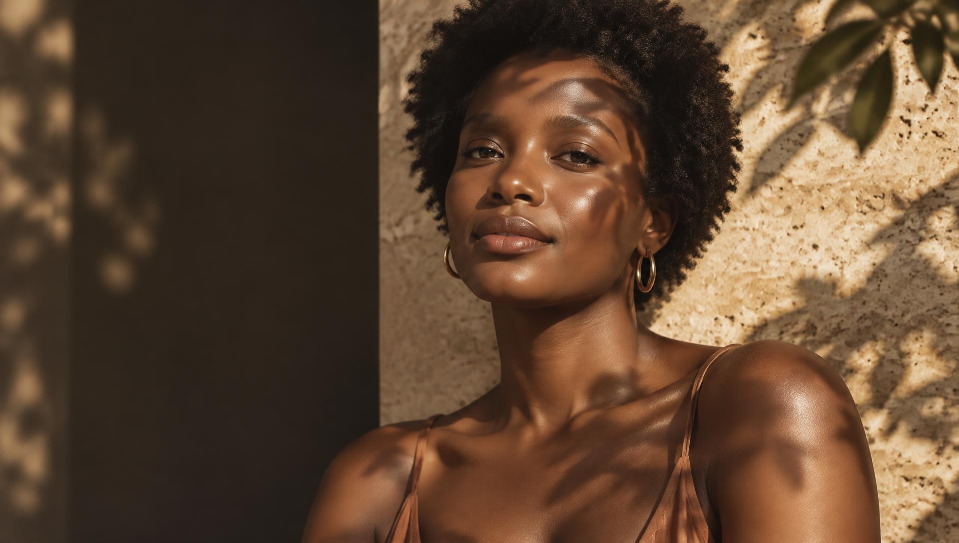 Black woman with glowing skin in warm sunlight